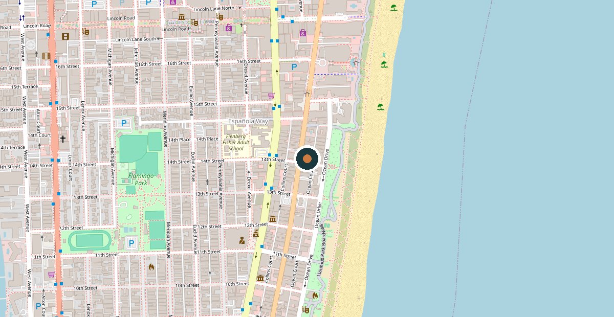 Mapa de South Beach con el hotel en Collins Avenue y 14th Street